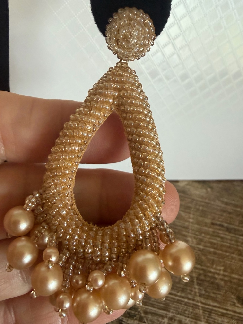 Light Gold Beaded and pearl Teardrop Statement Earrings lightweight! Brand new!